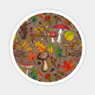 Autumn mushrooms, leaves, nuts and berrieson mocha brown Magnet